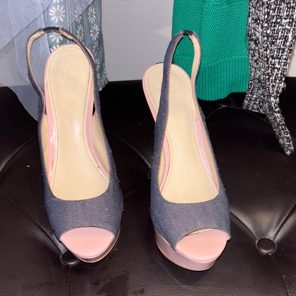 Guess Denim and Pink Wedge Slingbacks